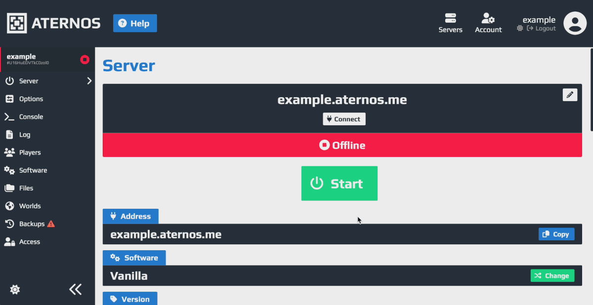 Aternos free Minecraft server control panel dashboard