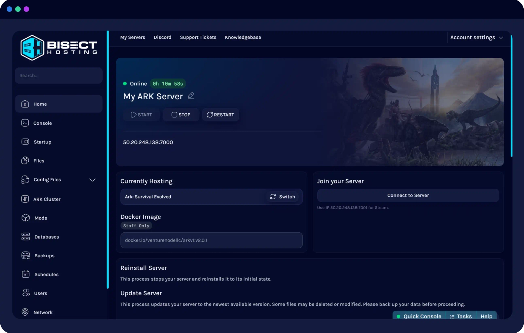 BisectHosting game server control panel screenshot
