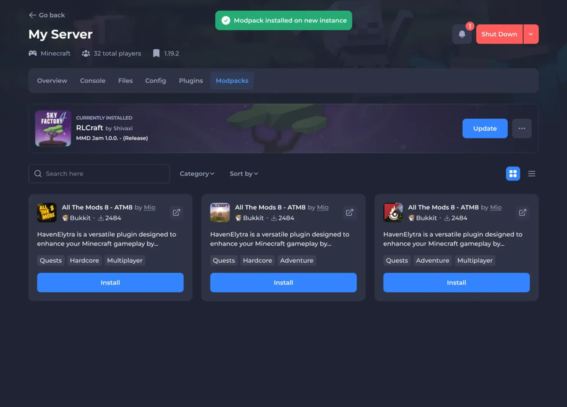 SparkedHost Apollo panel modpack installer