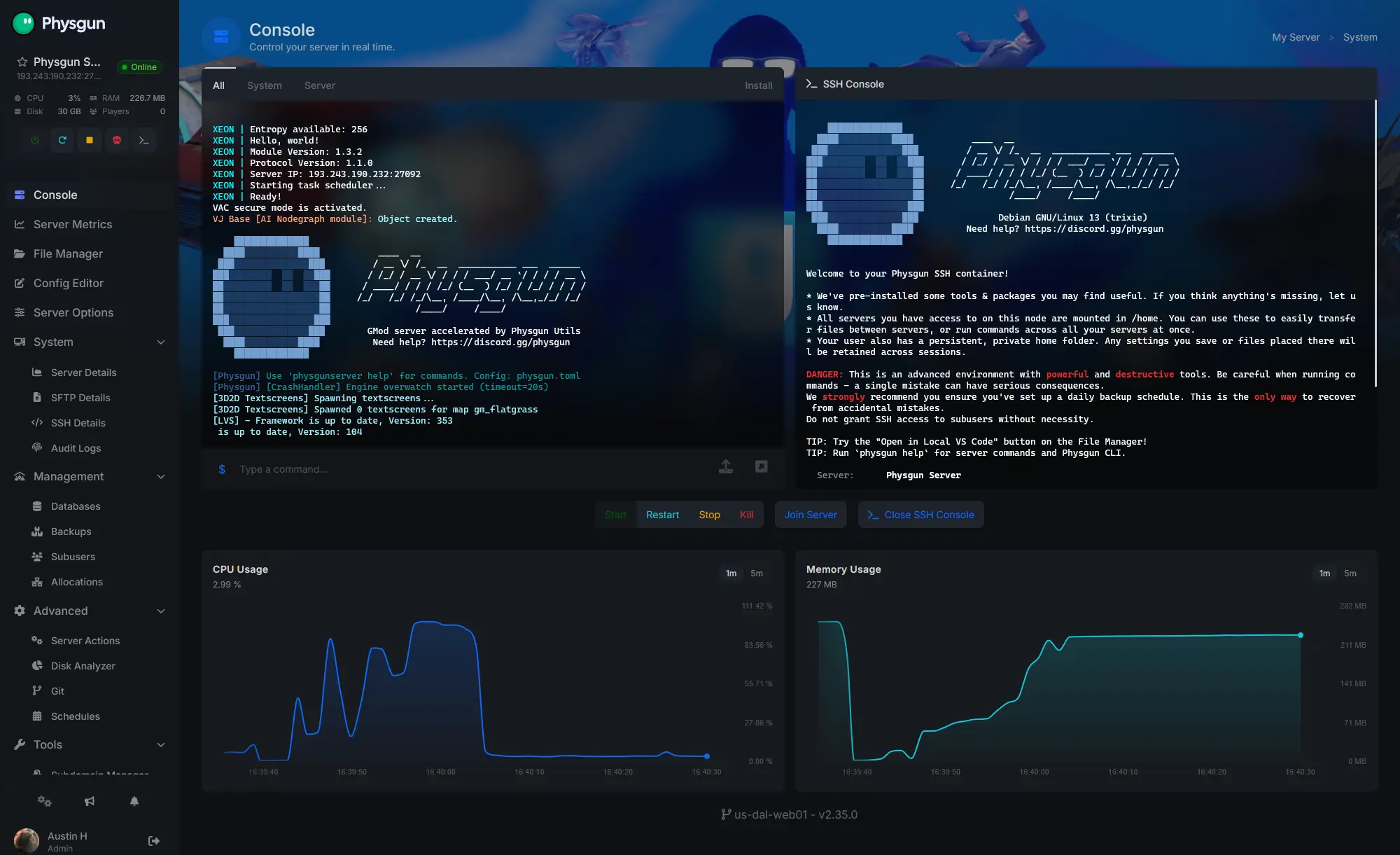 Physgun game server control panel with console and SSH access