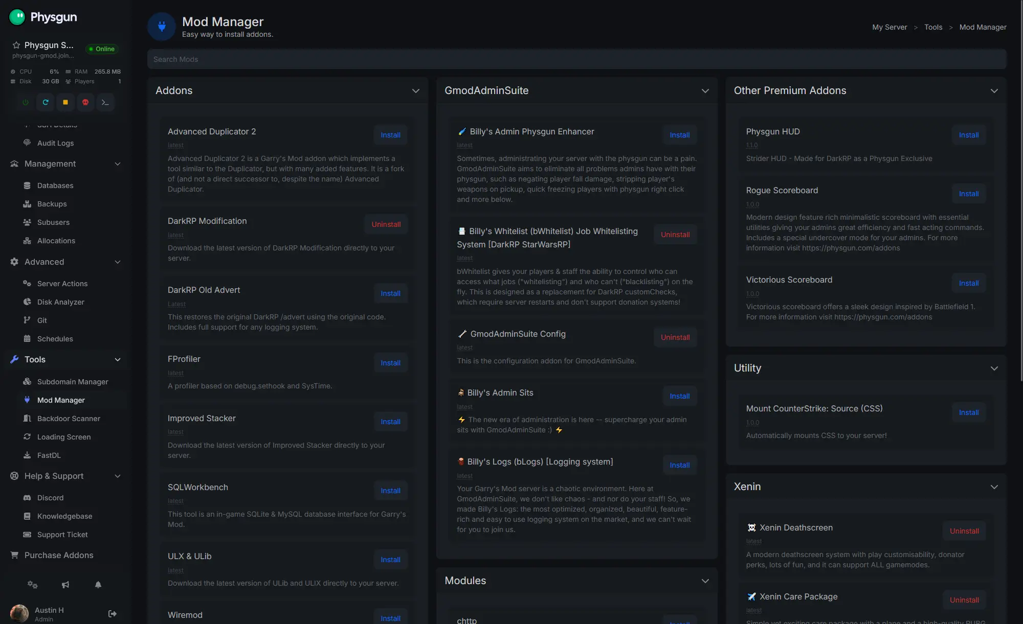 Physgun panel mod manager for one-click plugin installation