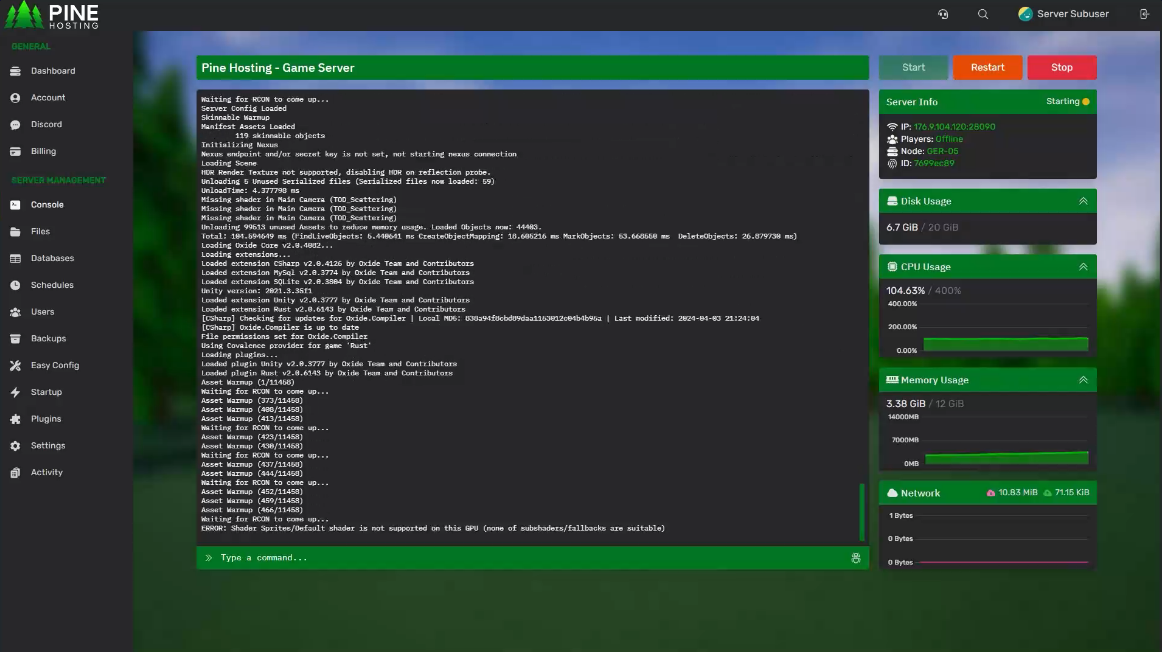 PineHosting game server control panel dashboard