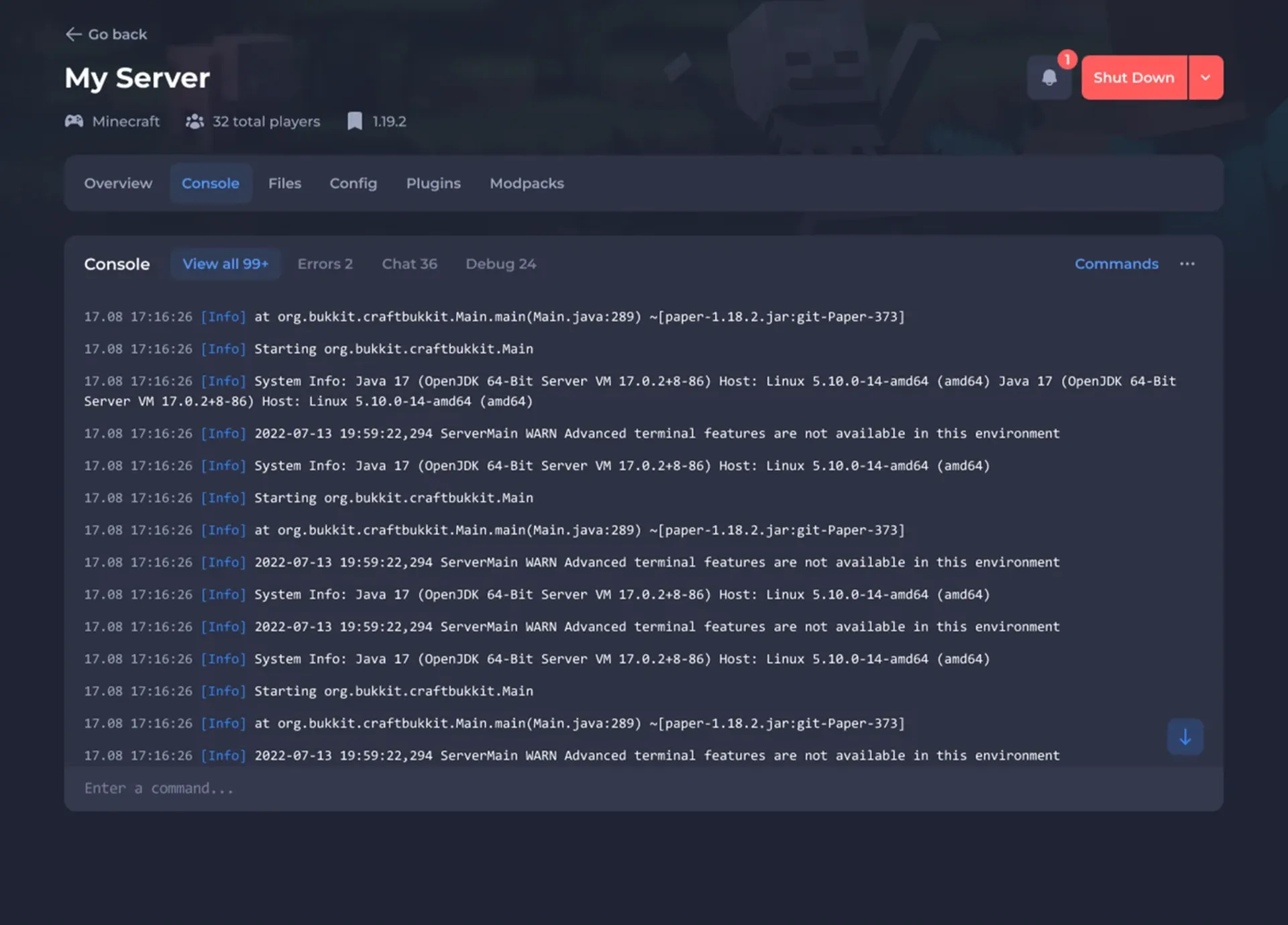 Shockbyte game server control panel console view